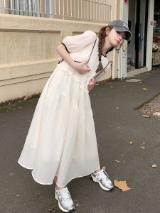 Beach Vacation Sweet Bubble Sleeve Long Dress Women Summer New Style Slimming Gentle French Style Fairy Tale Dress Orange Peony