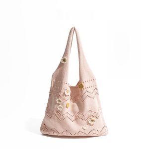Handmade Knitted Orange Girl Beach Dopaamine Flower Woven Bag Large Capacity Hollow out Single Shoulder Bag Soft Fabric Casual