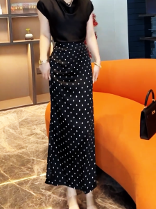 Màu Đen Chấm Bi Cao Vòng Eo Váy Bó Phong Cách Hàn Quốc Nữ Mặt Mới Mùa Hè Xẻ Tà Dài Váy Thon Gọn Hiệu Ứng Chân Váy Midi