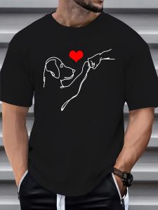 Mens Summer 100% Cotton Fashionable Casual Loose Dog and Heart Pattern Printed Sports Round Neck Short Sleeve T-shirt Top