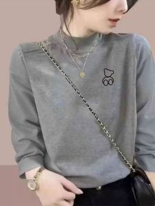 Loose Fit Long Sleeve Pure Cotton Base Shirt Womens Style Spring Autumn New Arrival Half High Collar Slimming Inner T-shirt