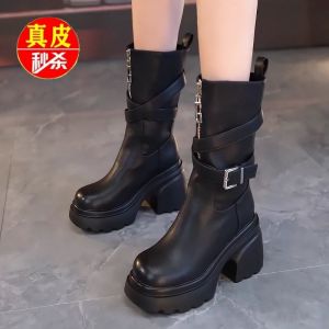 High Heel Martin Boots Womens British Style Thick Bottom Mid-Calf Boots Fashionable Autumn Winter New Arrival Leather Boots
