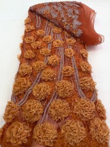 OLEVO | Nigerian Lace Fabric 5 Yards High Quality 2026 African Orange Fabric Luxury Beaded Fabric Luxury Beaded Fabric For Dress AT2927