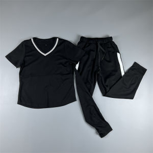 Womens Sportswear Quick Dry Breathable Short Sleeve Nine Points Running Pants Set V-Neck Nylon Fabric Spring 2024 Collection