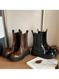 Womens Chelsea Boots Autumn Winter Thick Heel Short Tube Elastic Band Stretch Horsehide Easy Wear High Heel Chelsea Boots