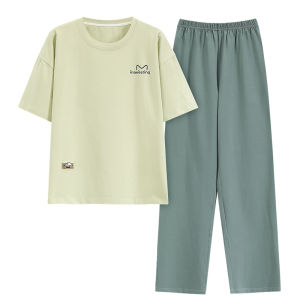 Miiow | Pure Cotton Sleepwear Set For Women Short Sleeve Long Pants Home Clothes Spring Autumn Casual Wearable Comfortable Breathable