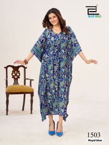 Blue Hills Royal Blue Kaftan with Floral Pattern V-Neck Wide Sleeves Drawstring Waist Floor-Length Pair with Blue Heels.