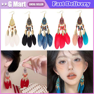 1Pair Bohemian Long Enamel Painting Feather Earrings for Women Ethnic Colorful Bead Metal Leaf Tassel Earrings Bride Wedding Jewelry