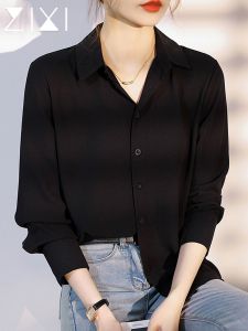 Black Silk Womens Shirt Formal Profession Long Sleeve Polo Collar Multi-Button Closure Regular Length Korean Style Premium Feel