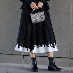 S·DEER | Retro High Waist Belted Color Block Linen A-line Skirt