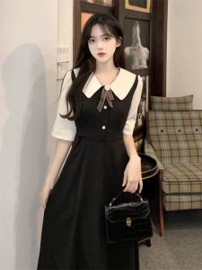 Hepburn Preppy Style Black Fake Two Pieces Short Sleeve Dress Womens Summer New Arrival Tight Waist Thin over the Knee French Dress