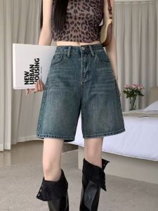 Retro Straight Leg Denim Shorts Womens plus Size Summer Thin Wide Leg High Waist Hip Concealing Slim A-Line Five-Quarter Pants