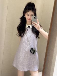 Elegant French Style Unique Small Fragrance Wind Purple Sleeveless Dress Womens Summer High Waist A-Line Midi Dress U-Neck