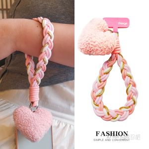 Plush Heart Shaped Mobile Phone Lanyard Short Wrist Strap Outdoor Travel Handheld Chain Durable Nylon Braided Line Accessories