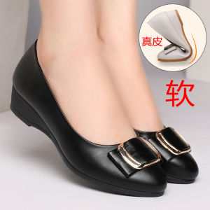 Comfortable Soft Bottom mid Heel Genuine Leather Shoes for Middle Aged And Elderly Women Low Heel Work Shoes Fashionable round Toe Slip-On