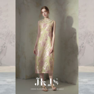 JK&JS | Silk Gold Cut Flower New Chinese Embroidery Sleeveless Loose Long Dress