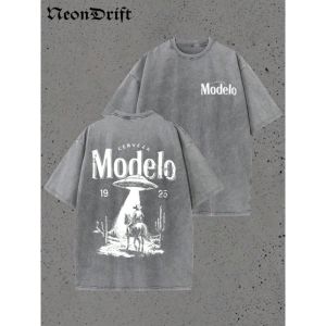 Retro Modelo 1925 Cerveza T Shirt Men Washed Cotton Oversized UFO Cowboy Graphic Tee Casual Streetwear Summer Short Sleeve