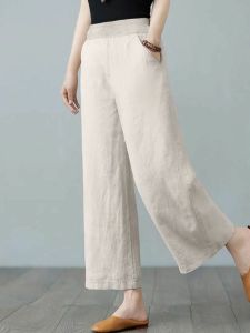 High Waist Wide Leg Linen Pants Womens Loose Slimming Cotton Linen Nine Point Straight Tube Anti-slip Pads Summer New Style