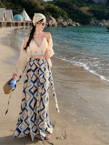 Original Beach Vacation Bohemian Split Chiffon Asymmetrical Patterned Pants Elastic Waist Floor-Length Casual Wide Leg Trousers