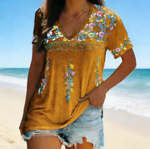 2026 European & American Womens Summer New Arrival - Bohemian Print V-neck Short Sleeve T-shirt