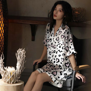 MiiOW | Cat Woman Summer Ice Silk Sleepwear Set Loose Lightweight Breathable Home Clothes Womens Short Sleeve Sleepwear Ensemble