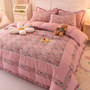 Princess Style Bedding Set Korean Flora Pattern Quilt Coverlet Bed Skirt Duvet Cover Three Piece Dormitory Bedding Set