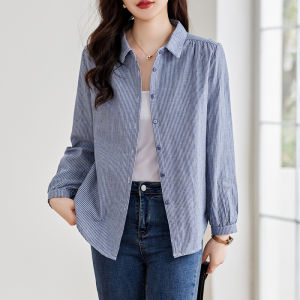 Casual Striped Shirt Womens Spring Autumn Loose Long Sleeve Turn-down Collar Open Cardigan Top Simple Commute Style Fashion
