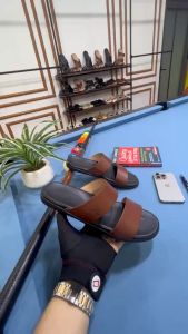 Dép Quai Ngang Nam Da Bò Thật Đế Đúc Nguyên Khối Màu Nâu Hàng Cao Cấp Full Bill Box(DNV07)