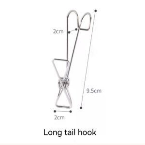HK.1pcs Stainless steel long tail hook clip Kitchen storage clip Bathroom drying hook Multipurpose clip hook High quality metal material Towel drying clip