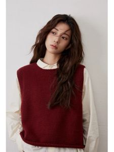 เสื้อกั๊กแขนกุดสีแดง ชุดชั้นในสไตล์ฝรั่งเศส สำหรับผู้หญิง ฤดูใบไม้ผลิและฤดูใบไม้ร่วง เสื้อคลุมกันหนาวแบบสวมหัว ทรงหลวม คอตั้ง