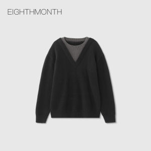 Áo Len Dệt Kim Cổ Chữ V Giả Hai Mảnh EIGHTHMONTH Áo Len Dệt Kim Dáng Rộng Thoải Mái Cho Nữ Mùa Thu 2025