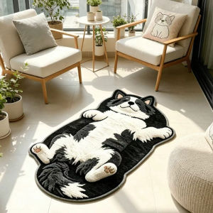 VIKAMA Grey Cat Shaped Lying Chubby Blush Cute Pet Animal Art Flannel Door Mat Non Slip Entryway Bedroom Living Room Home Decor