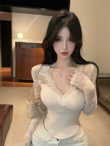 Elegant Pure Desire Lace Trim V-neck Splice Long Sleeve Base Shirt Unique Versatile Top with Chest Pad Korean Style Commute