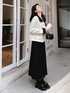 Chic Long Sleeve Midi Skirt Set Womens Spring 2025 New Style Small Fragrance Style Dress Two-Piece Set High Waist A-Line Skirt