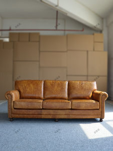 American Retro Style Oil Wax Genuine Leather Sofa Buttoned Three-Seater Living Room Hotel Creative High-End Straight Row Couch