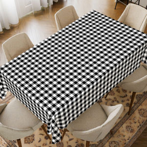 1 Piece Round/Rectangular Polyester Black and White Plaid Tablecloth + 4 Self-Adhesive Stickers Black and White Plaid Stripesd Print Pattern Embossed Edges Suitable for Home Kitchen Living Room Dining Table Balcony Coffee Table Holiday Party Hol...