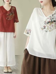 Heavy Embroidery Cotton Linen Half Sleeve Shirt Large Size Womens V Neck Slimming Casual Overhead Top Ins Style Chinese Ethnic Fashion