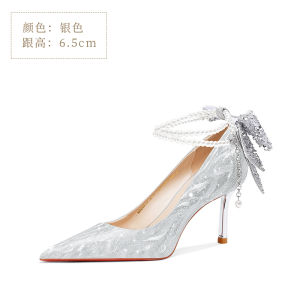 รองเท้าแต่งงานสีเงิน Crystal Bride สำหรับผู้หญิง รองเท้าแต่งงานส้นสูงแบบสวมหัวแหลม ทรงหวาน สายรัดคู่ สำหรับงานแต่งงานและงานเลี้ยงอาหารค่ำ