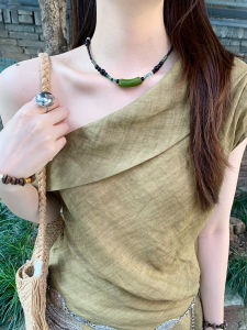 Retro Chinese Style Necklace Womens Layered Green Beads Collarbone Chain Cold Tone Versatile Trendy Jewelry Accessory