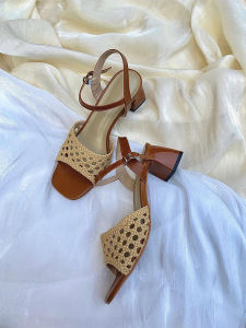 Goatskin Version Artistic Retro Woven Hollow Out One-character Summer Shoes for Women with Coarse Heels and Open Toe Design