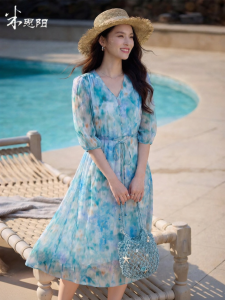 Misoshine | Hazy Fog Blue 100 Silk Summer New Elegantly Designed V-neck Three-quarter Sleeve Dress