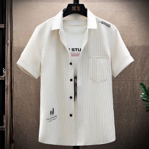 ROMON | Lormen Mens Stripe Short Sleeve Shirt Summer Thin Casual Ice Silk Workwear Jacket Loose Fit Fashion Urban Style Youth Summer Shirt