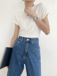 New 2025 Womens round Neck Short Sleeve T-Shirt Loose Fit Pure Cotton Simple Versatile Slimming Top Summer White Crew Neck Overhead