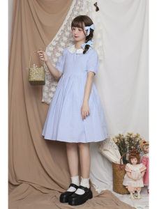 Labeau Spring Water Tea Alice Cute Japanese Style Plaid Doll Collar Short Sleeve Dress Womens Sweet High Waist A-Line Midi Dress
