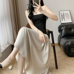 ชุดเดรสยาวคลุมสะโพกแขนกุดคอวีทรงเอผ้าลินินฤดูร้อน กระโปรงทรงเอเอวสูง กระโปรงยาวคลุมเข่า ชุดเดรสยาวคลุมสะโพก