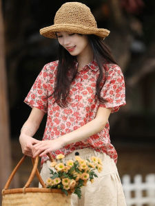 เสื้อเชิ้ตแขนสั้นผู้หญิงผ้าลินินคอตตอนพิมพ์ลายย้อนยุคฤดูร้อนหลวมๆ ชุดทำงานลำลองฤดูร้อนใหม่สำหรับผู้หญิงไซส์ใหญ่
