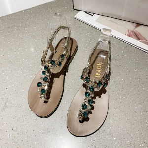 Roman Sandals Women Flat Shoes Summer New Style Water Diamond Fairy Style for Skirts Beach Sandals Slip-On Low Heel Rubber Sole