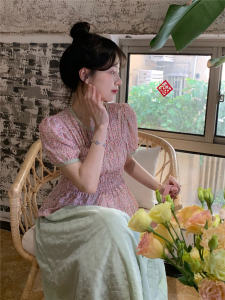 เสื้อเชิ้ตแขนสั้นพิมพ์ลายดอกไม้สไตล์ฝรั่งเศสสไตล์ย้อนยุคสำหรับผู้หญิงวัยรุ่น ทรงเข้ารูป เสื้อเชิ้ตฤดูร้อน