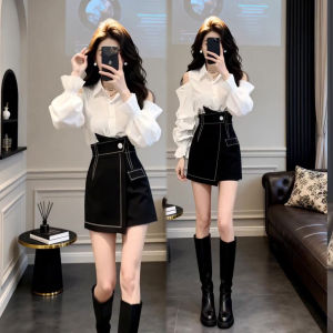 XUECAIQI | Korean Style Off-Shoulder Collared Shirt and Asymmetric High-Waist Skirt Set