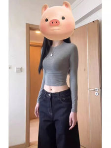 เสื้อยืดแขนยาวทรงสลิมฟิตสำหรับผู้หญิง สไตล์อเมริกัน สีเทา เสื้อเชิ้ตเข้ารูป เสื้อคลุมกันหนาวแบบสั้น ใส่ได้ตลอดทั้งปี